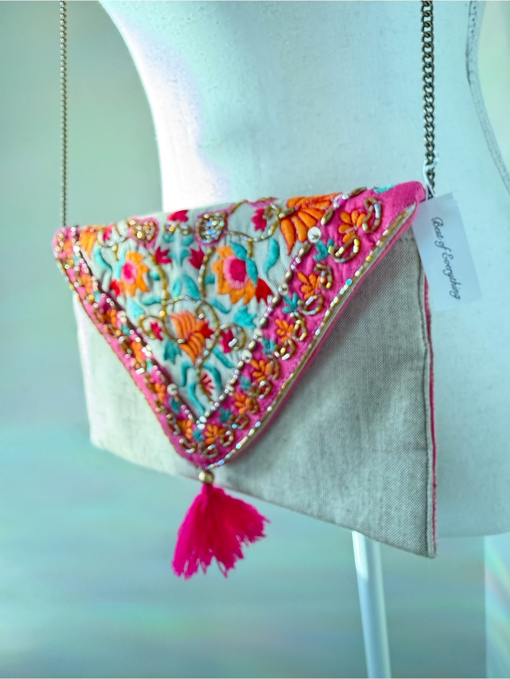 Embroidered Boho Festival Floral Triangle Crossbody Bag - Pink & Beige